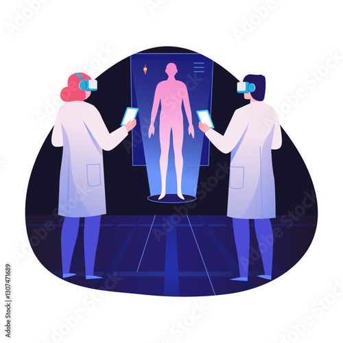 A flat illustration depicting doctors interaction with medical diagnosis technology
