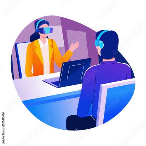 A flat character illustration depicting vr interview process