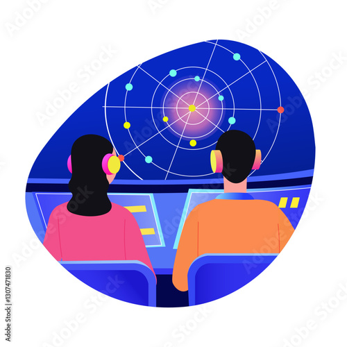 A flat style illustration of two character monitoring atomic collision