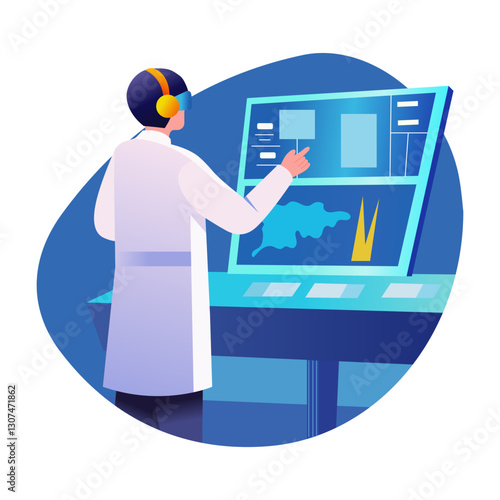 A flat style illustration of an ar scientist working in tech lab