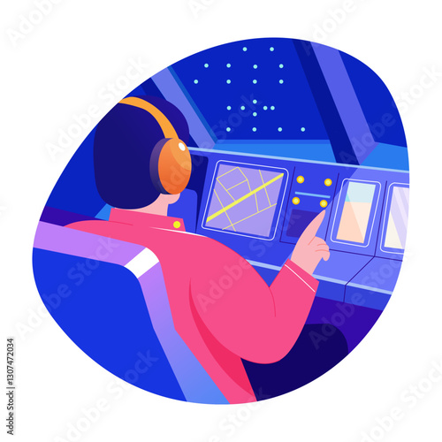 A flat style illustration of character pressing buttons in pilot cockpit