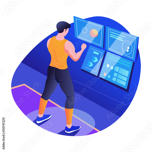 Fitness enthusiast using vr technology, flat style illustration