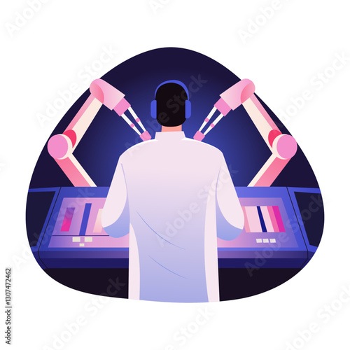 A flat style illustration of a doctor taking help from ar surgery robots