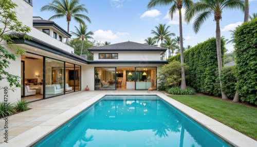 Wallpaper Mural This modern villa features an expansive swimming pool surrounded by lush green gardens Torontodigital.ca