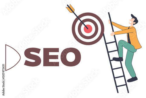 SEO, search engine optimization to drive traffic or visitor to website, improve search result ranking gain more visibility concept, businessman climb up ladder on the word SEO with arrow hit target.