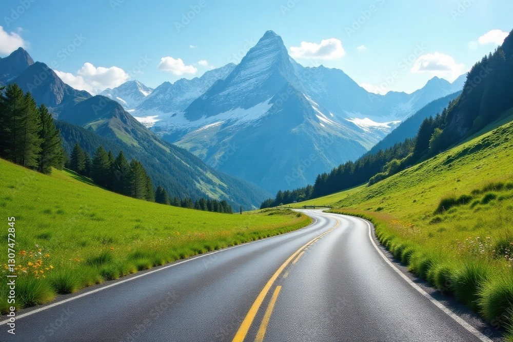 Asphalt ribbon unwinding through a vibrant alpine valley, flanked by lush green meadows and majestic snow-capped peaks under a bright summer sky Asphalt ribbon unwinding through a vibrant alpine valley, flanked by lush green meadows and majestic snow-capped peaks under a bright summer sky