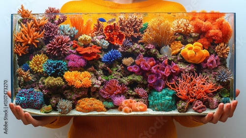 Fototapeta Naklejka Na Ścianę i Meble -  Person holding vibrant coral reef aquarium