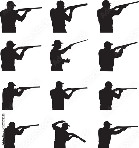 Silhouettes of Hunters Aiming with Rifles in Various Poses Vector Icons for Hunting, Sport and Outdoor Target