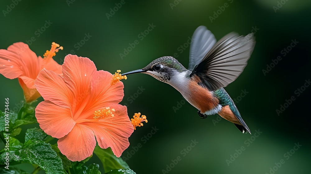 Naklejka premium Hummingbird Approaching Vibrant Hibiscus Flower in Nature Scene