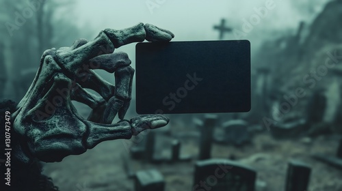 A skeletal hand grips a dark card, standing out against the eerie backdrop of a graveyard shrouded in fog during twilight hours