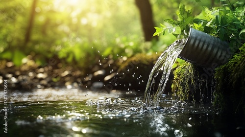 Wallpaper Mural Toxic liquid waste flows from a metal pipe into the river, contaminating the natural waterway in a  green forest, highlighting environmental concerns Torontodigital.ca