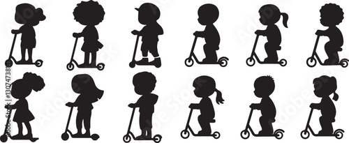 Silhouettes of Kids Riding Scooters Vector Icons for Outdoor Play, Child Activity and Motion Concepts