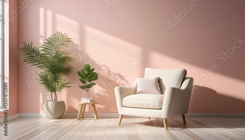 a serene living room with a pastel pink wall white wooden floor and a soft cream armchair plant in the corner adds life to the space sunlight from an open window casts gentle shadows on the wall