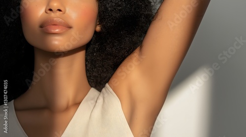 Close-up view of a woman's underarm with soft lighting highlighting her hand and skin tones in a serene setting