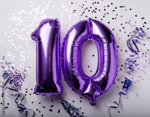 Purple balloon number 10 for tenth birthday or anniversary party. White background with confetti photo