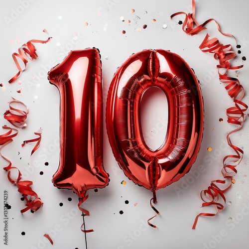 Red balloon number 10 for tenth birthday or anniversary party. White background with confetti photo