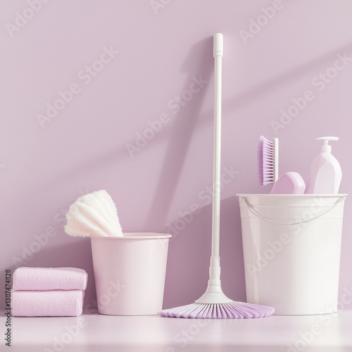 Mop and Cleaning Equipment on a Pastel Background, Housekeeping and Hygiene Concept  
