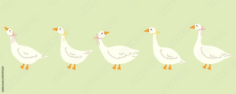 Set of white cute goose characters in different poses. Vector illustration. Set of white cute goose characters in different poses. Vector illustration.