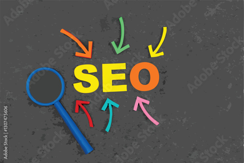 SEO, Search Engine Optimization ranking concept, magnifying glass with arrows pointing to alphabets abbreviation SEO at the center of cement wall chalkboard, the idea of promote traffic to website.