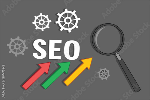 SEO, Search Engine Optimization ranking concept, magnifying glass with arrows pointing to alphabets abbreviation SEO at the center of cement wall chalkboard, the idea of promote traffic to website.
