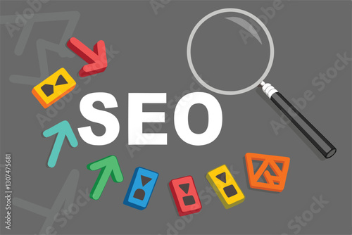 SEO, Search Engine Optimization ranking concept, magnifying glass with arrows pointing to alphabets abbreviation SEO at the center of cement wall chalkboard, the idea of promote traffic to website.