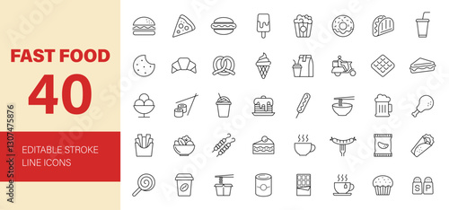 Fast food icon set. Restaurant menu related icons: burger, donut, french fries, hot dog, kabab, pizza, ice cream, beer, coffee, desserts and more. Editable line icons. Vector illustration.