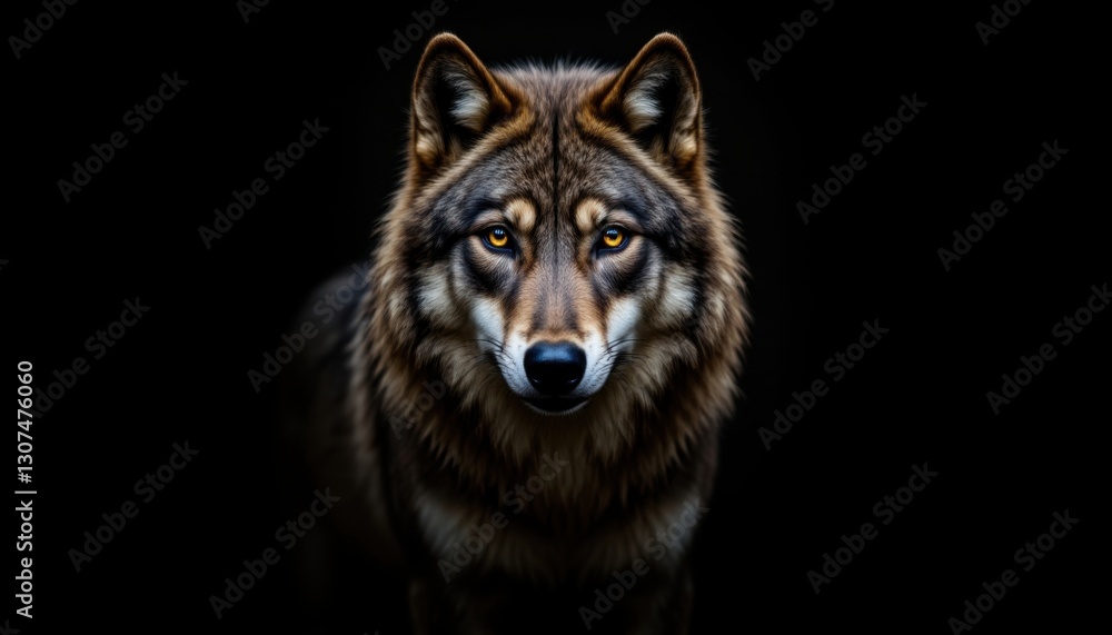 Fototapeta premium The portrait showcases a majestic adult wolf with piercing eyes and a thick fur coat, set against a striking black background that highlights its fierce and powerful presence.