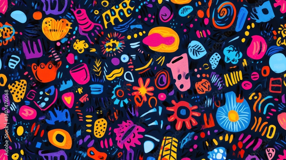 Vibrant abstract seamless pattern with colorful doodles and shapes on dark background. Vibrant abstract seamless pattern with colorful doodles and shapes on dark background.