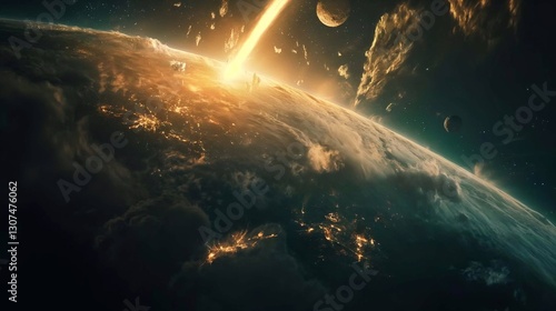 A massive, glowing asteroid hurtles through space, piercing the planetÕs Earth atmosphere and colliding with the surface in a fiery explosion