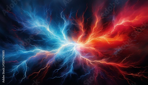 a gritty textured paper like depiction of colliding blue and red lightning creating a dynamic energetic visual the contrast is striking against a black background