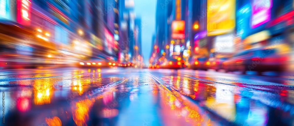 Fototapeta premium City street at night, blurred motion, rain reflecting vibrant lights