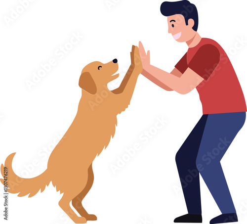 A man playfully engaging with a happy golden retriever in a flat, colorful vector illustration showcasing friendship and joy