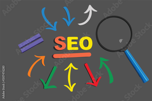 SEO, Search Engine Optimization ranking concept, magnifying glass with arrows pointing to alphabets abbreviation SEO at the center of cement wall chalkboard, the idea of promote traffic to website.