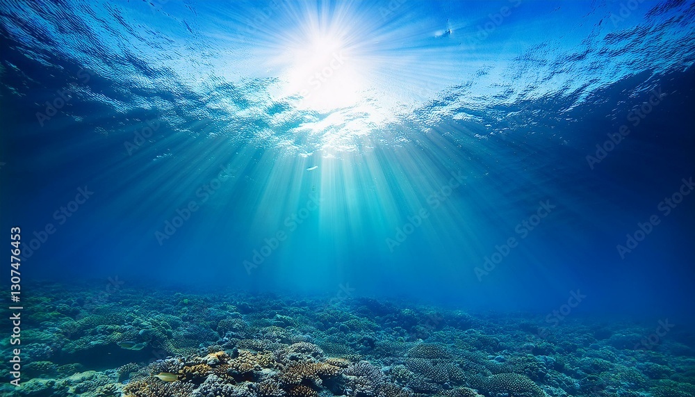 Fototapeta premium sun shining light in blue clearly deep water sunbeams illuminate the blue underwater sea scene background