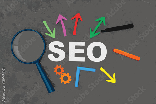 SEO, Search Engine Optimization ranking concept, magnifying glass with arrows pointing to alphabets abbreviation SEO at the center of cement wall chalkboard, the idea of promote traffic to website.