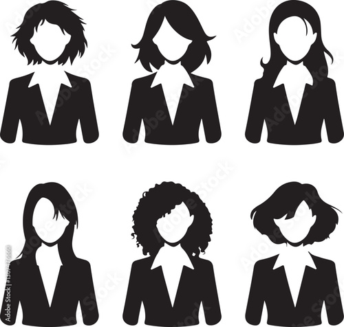 Vector silhouettes of professional businesswomen with different hairstyles in corporate attire, no facial features