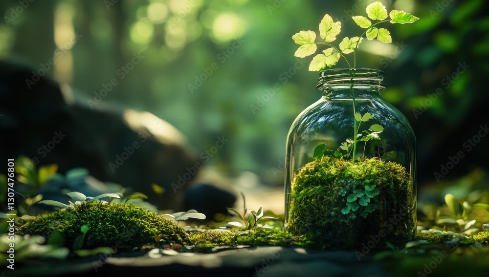 Small plant in glass jar on moss-covered rocks in a serene forest setting. Small plant in glass jar on moss-covered rocks in a serene forest setting.