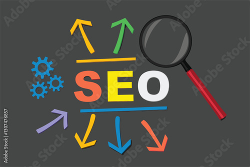 SEO, Search Engine Optimization ranking concept, magnifying glass with arrows pointing to alphabets abbreviation SEO at the center of cement wall chalkboard, the idea of promote traffic to website.