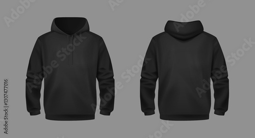 Stylish Black Unisex Hoodie. Front and Back View. Sports hoodies. Cozy clothes.