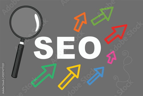 SEO, Search Engine Optimization ranking concept, magnifying glass with arrows pointing to alphabets abbreviation SEO at the center of cement wall chalkboard, the idea of promote traffic to website.