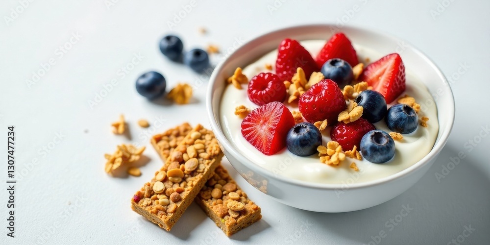A delightful bowl of creamy yogurt topped with sweet strawberries, raspberries, and blueberries, accompanied by crunchy granola bars. A delightful bowl of creamy yogurt topped with sweet strawberries, raspberries, and blueberries, accompanied by crunchy granola bars.