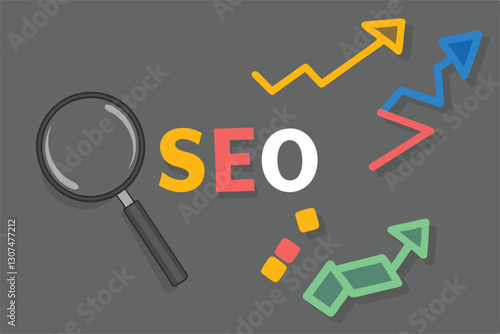SEO, Search Engine Optimization ranking concept, magnifying glass with arrows pointing to alphabets abbreviation SEO at the center of cement wall chalkboard, the idea of promote traffic to website.