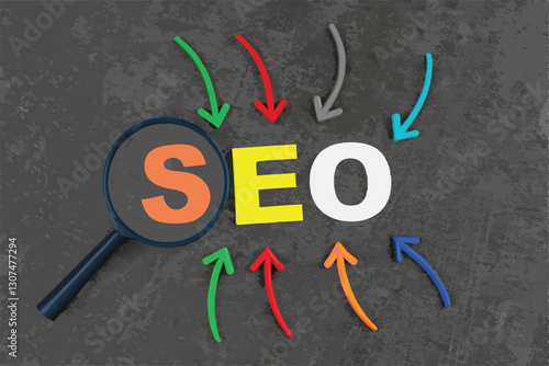 SEO, Search Engine Optimization ranking concept, magnifying glass with arrows pointing to alphabets abbreviation SEO at the center of cement wall chalkboard, the idea of promote traffic to website.