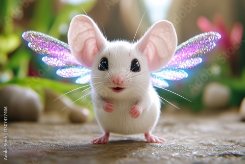 A magical white mouse with tiny glowing wings, leaving a sparkling trail as it scurries through an enchanted forest photo