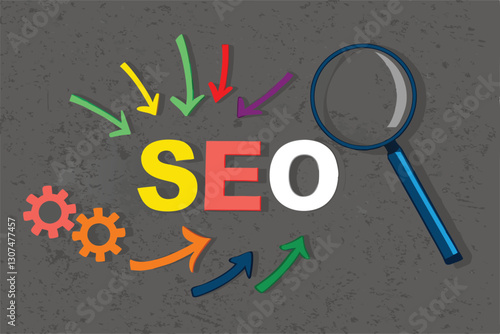 SEO, Search Engine Optimization ranking concept, magnifying glass with arrows pointing to alphabets abbreviation SEO at the center of cement wall chalkboard, the idea of promote traffic to website.