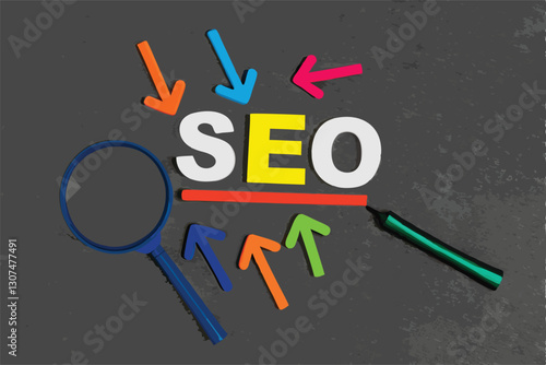 SEO, Search Engine Optimization ranking concept, magnifying glass with arrows pointing to alphabets abbreviation SEO at the center of cement wall chalkboard, the idea of promote traffic to website.