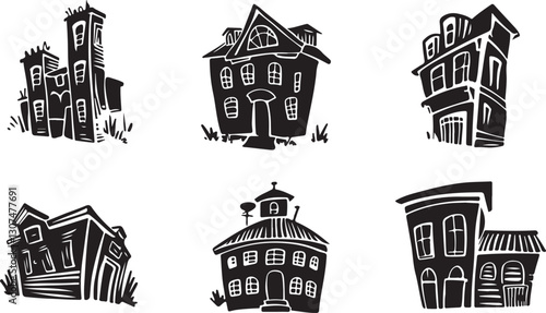 Whimsical cartoon house vector set, quirky black and white hand-drawn buildings with playful architecture and funny, crooked proportions