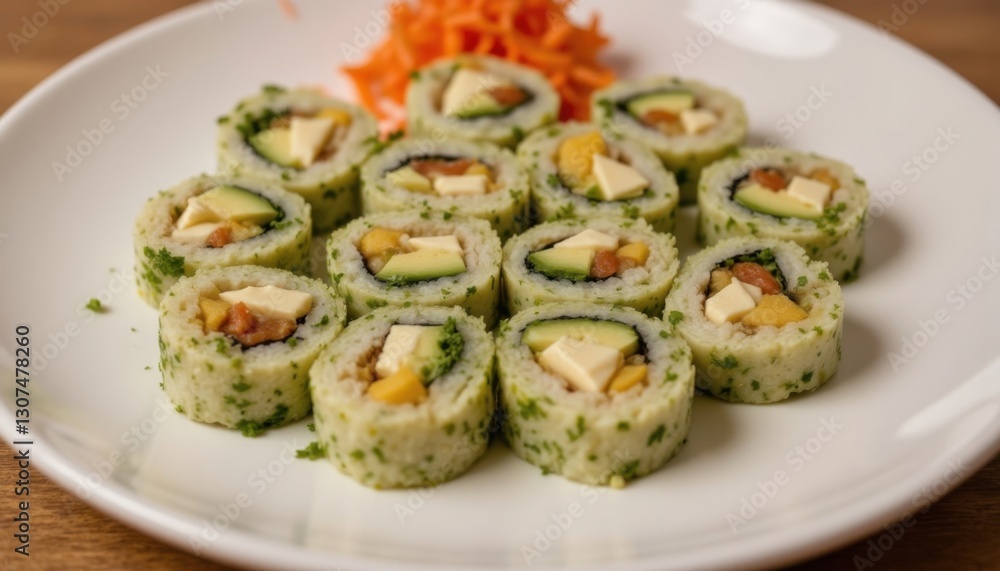 A plate is presented with freshly rolled maki sushi pieces, filled with creamy avocado and crunchy vegetables, creating a refreshing and satisfying appetizer. A plate is presented with freshly rolled maki sushi pieces, filled with creamy avocado and crunchy vegetables, creating a refreshing and satisfying appetizer.