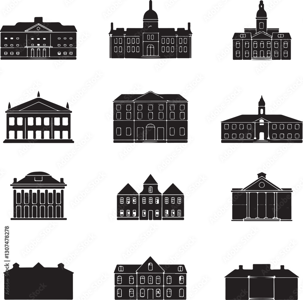 Fototapeta premium Set of classic historical building silhouettes in black vector style, featuring government, university, courthouse, and architecture icons