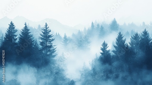 Fototapeta Naklejka Na Ścianę i Meble -  A dense evergreen forest engulfed in a thick atmospheric fog